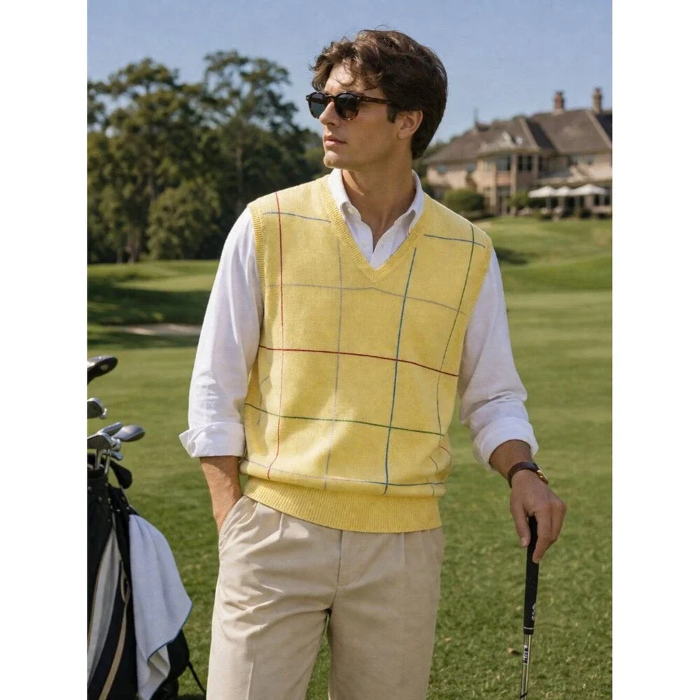 Vintage Alan Flusser Golf Sweater Vest Men’s XL Yellow Cotton Preppy Argyle